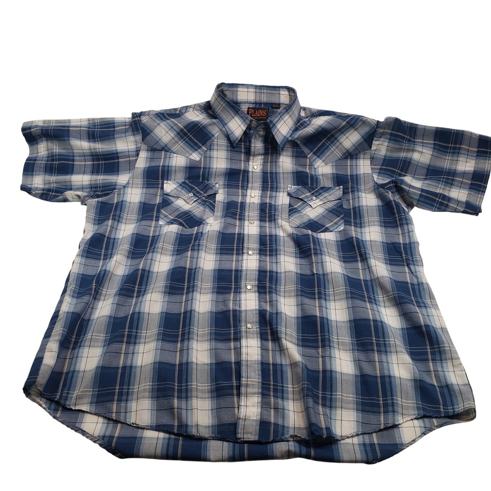 Plains Mens Western Wear Shirt XL Blue White Plaid Pearl Snap Short Sleeve